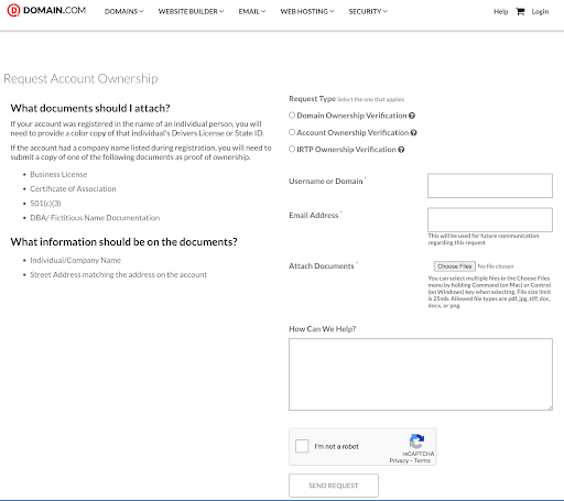 Example of a form from Domain.com to request account ownership.