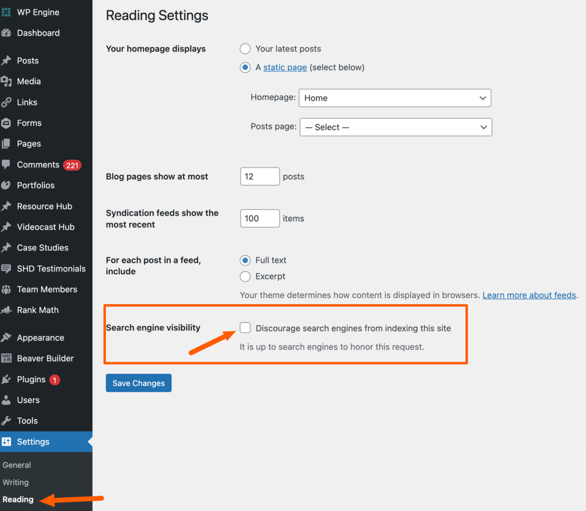 check reading settings before and after wordpress website launch